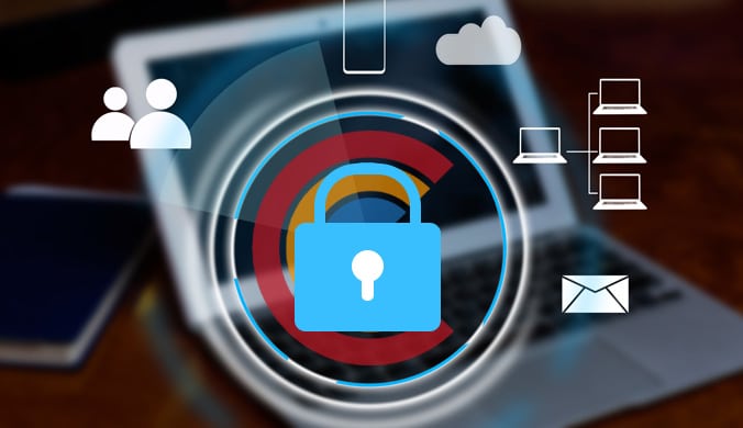 hologram of a padlock on a laptop showing security for the entire system