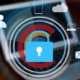 hologram of a padlock on a laptop showing security for the entire system