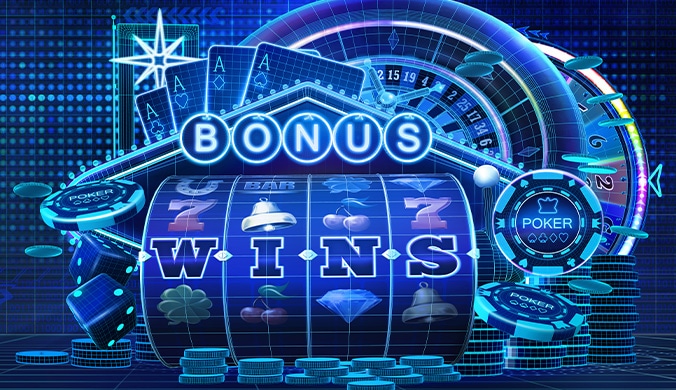 abstract hologram-style drawing showing all kinds of gambling paraphernalia - chips, slots, cards