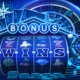 abstract hologram-style drawing showing all kinds of gambling paraphernalia - chips, slots, cards