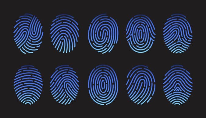 A colllection of fingerprint types illustrated in blue on a black background