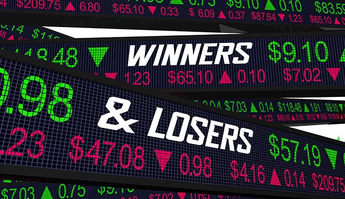 An image of black digital stock market share price indicators with the words ‘winners’ and & 'losers’ in white