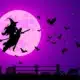 An illustration of a witch and her cat on a broomstick flying against a full moon with bats and trees on a purple background