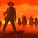 A vector sunset scene of a gun touting bandit standing spread-legged in front of his gang on horseback