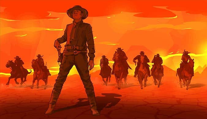 A vector sunset scene of a gun touting bandit standing spread-legged in front of his gang on horseback
