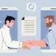 An illustration of two guys emerging from their phones to shake on a deal with speech bubbles, docs in-picture