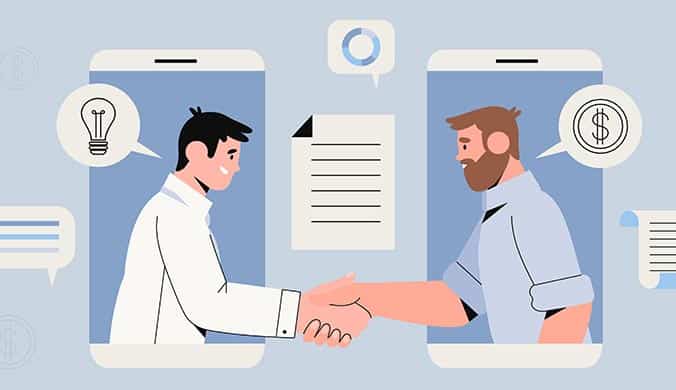 An illustration of two guys emerging from their phones to shake on a deal with speech bubbles, docs in-picture