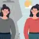 An illustration a sad person on a cloudy rainy day, and a happy person on a clear sunny day