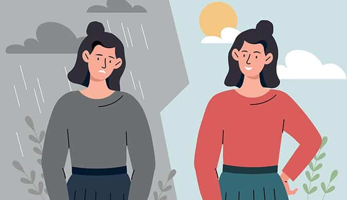 An illustration a sad person on a cloudy rainy day, and a happy person on a clear sunny day