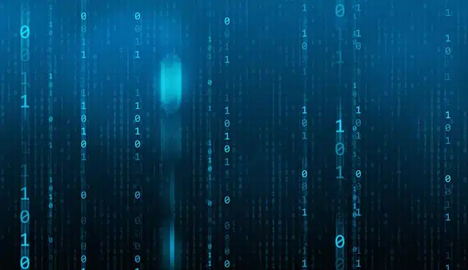 An illustration of a coding concept featuring blue binary code